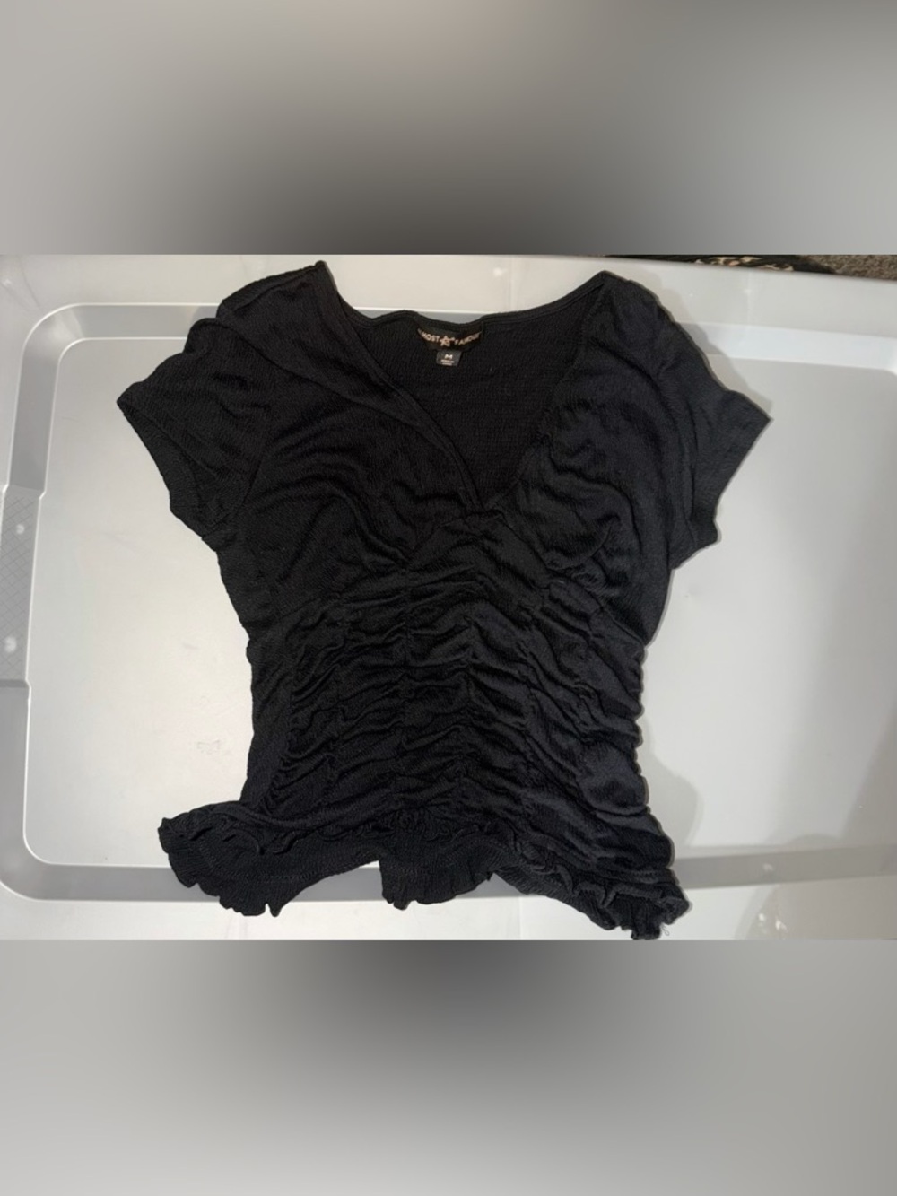 Ruched V-Neck Short Sleeve Top — Black